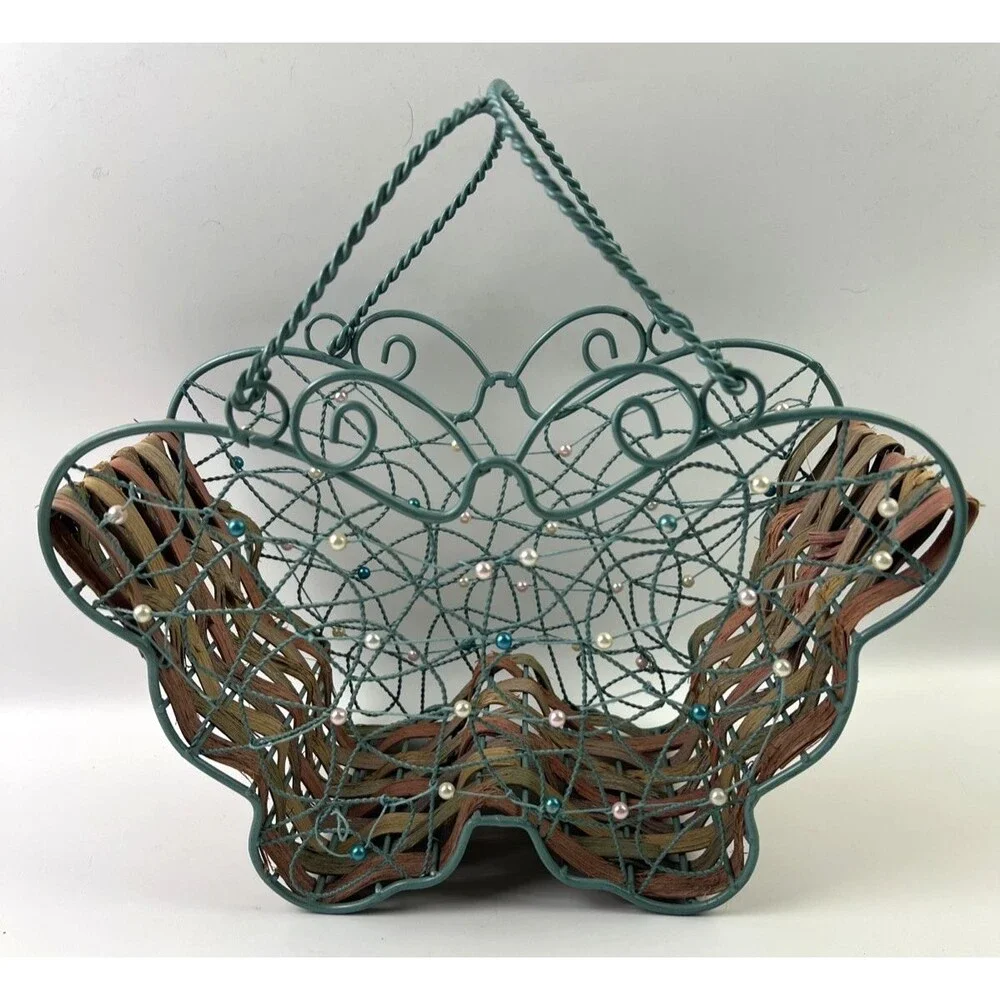 Butterfly Wire & Beaded Basket W/Handles See Pictures on Condition